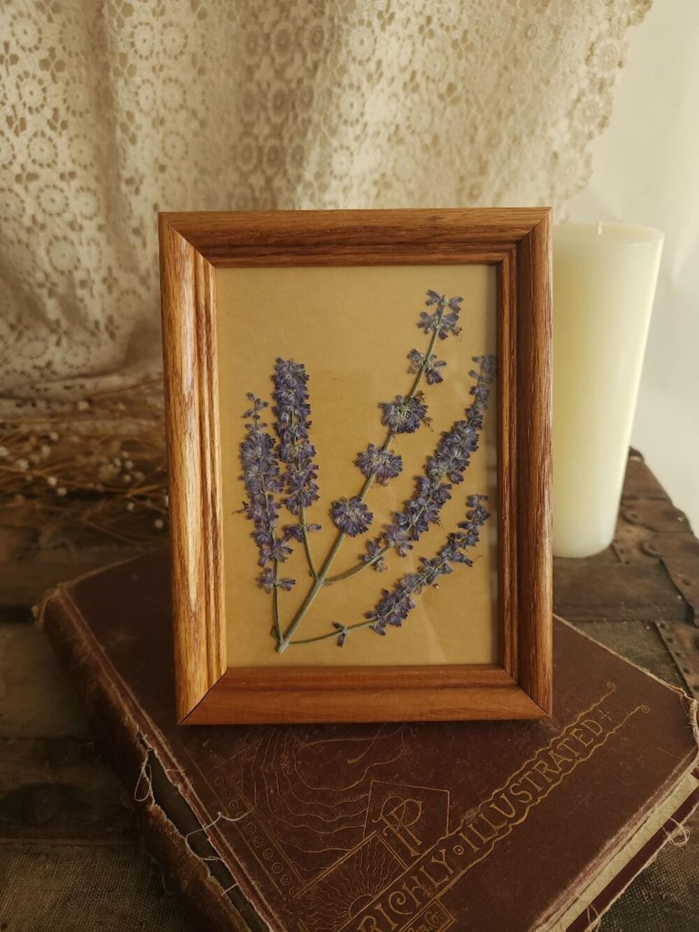 Framed Handmade Pressed Dried Flower, Russian Sage in Vintage Wood Frame, Purple